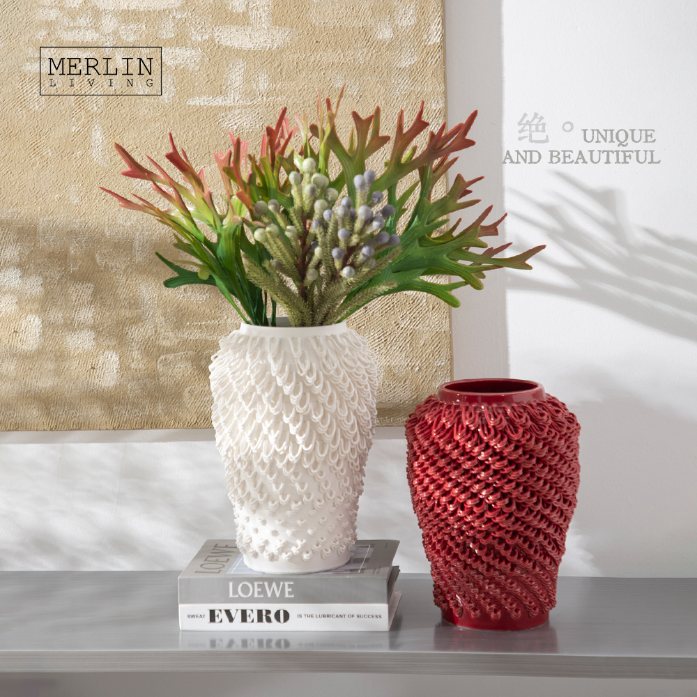 3D Printing Cascading Design Red Glazed Ceramic Vase Merlin Living (5)
