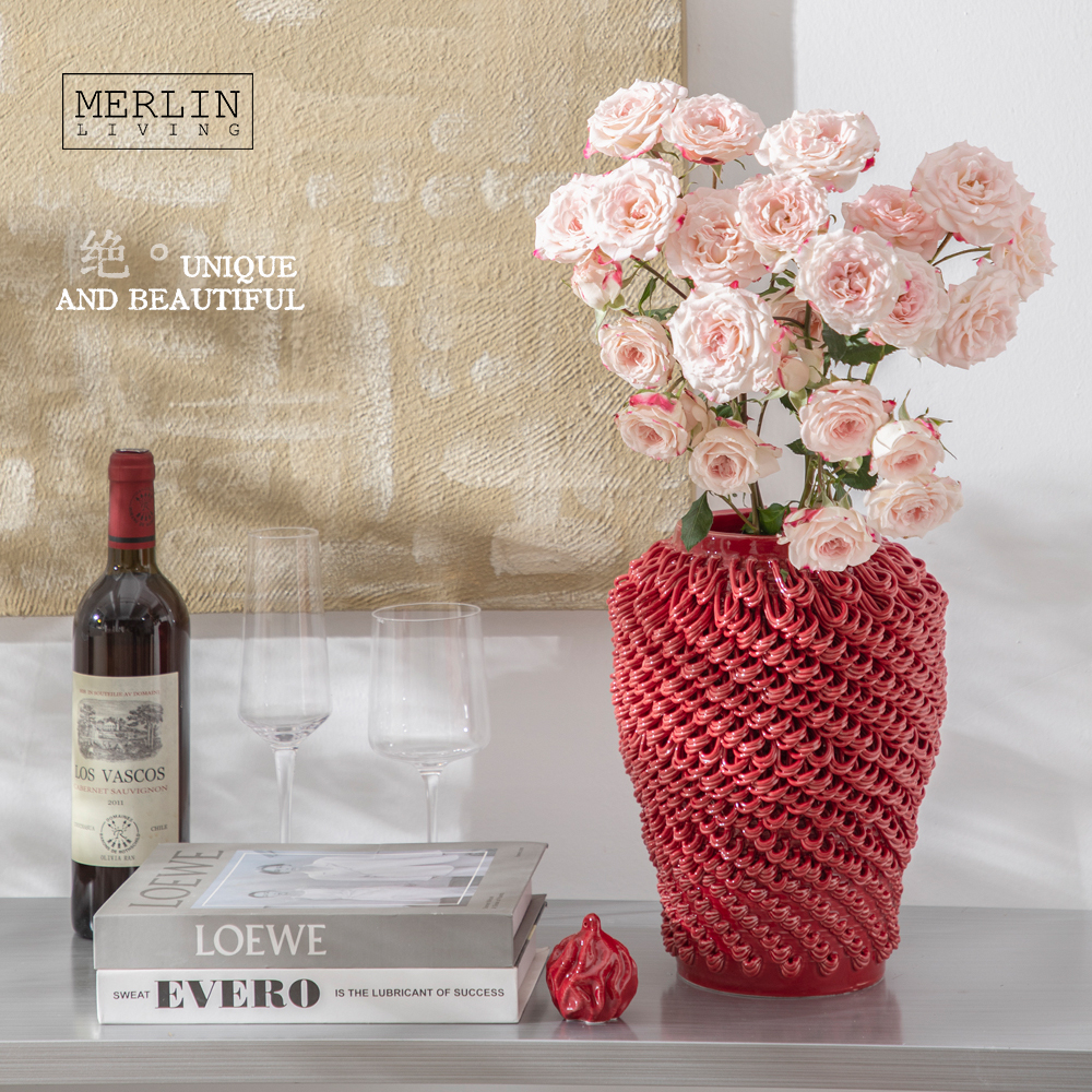 3D Printing Cascading Design Red Glazed Ceramic Vase Merlin Living (7)