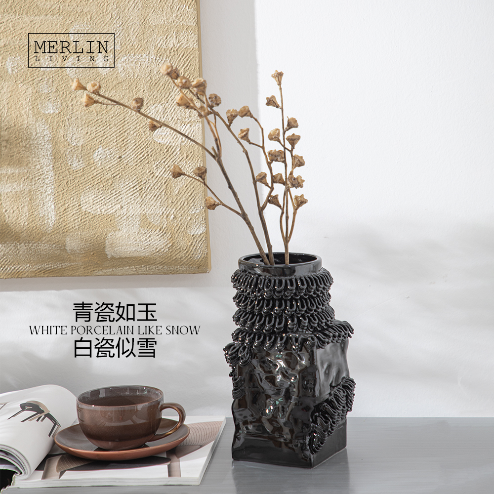 3D Printing Nordic Vase Black Glazed Ceramic Home Decor Merlin Living (7)